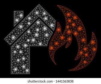 Glowing mesh home fire disaster with glitter effect. Abstract illuminated model of home fire disaster icon. Shiny wire carcass polygonal mesh home fire disaster.