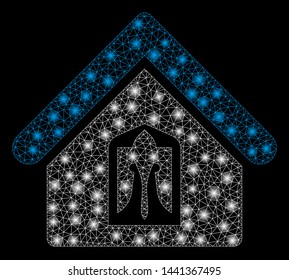 Glowing mesh home with glare effect. Abstract illuminated model of home icon. Shiny wire frame polygonal network home. Vector abstraction on a black background.