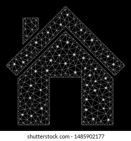 Glowing mesh home with lightspot effect. Abstract illuminated model of home icon. Shiny wire carcass polygonal mesh home. Vector abstraction on a black background.