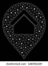 Glowing mesh home marker with glare effect. Abstract illuminated model of home marker icon. Shiny wire frame polygonal network home marker. Vector abstraction on a black background.