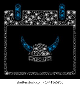 Glowing mesh horned helmet calendar day with lightspot effect. Abstract illuminated model of horned helmet calendar day icon. Shiny wire carcass triangular mesh horned helmet calendar day.