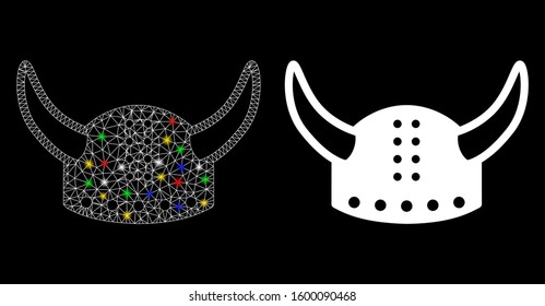 Glowing mesh horned helmet icon with sparkle effect. Abstract illuminated model of horned helmet. Shiny wire carcass triangular mesh horned helmet icon. Vector abstraction on a black background.