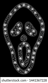 Glowing mesh horror mask with glitter effect. Abstract illuminated model of horror mask icon. Shiny wire frame triangular network horror mask. Vector abstraction on a black background.