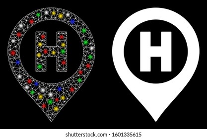 Glowing mesh hospital letter marker icon with glitter effect. Abstract illuminated model of hospital letter marker. Shiny wire carcass triangular network hospital letter marker icon.
