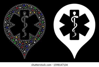 Glowing mesh hospital map marker icon with glare effect. Abstract illuminated model of hospital map marker. Shiny wire frame triangular mesh hospital map marker icon.