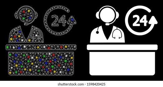 Glowing mesh hospital reception desk icon with sparkle effect. Abstract illuminated model of hospital reception desk. Shiny wire carcass polygonal mesh hospital reception desk icon.