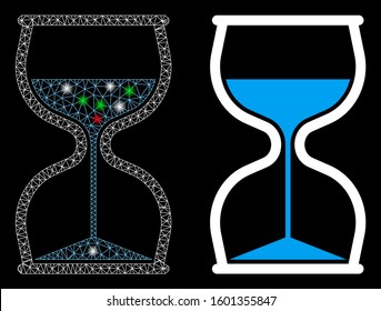 Glowing mesh hourglass icon with glare effect. Abstract illuminated model of hourglass. Shiny wire carcass polygonal mesh hourglass icon. Vector abstraction on a black background.