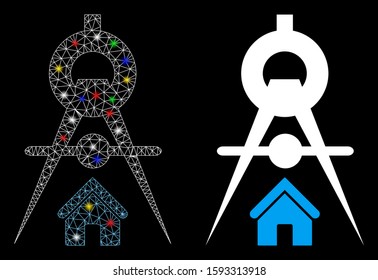 Glowing mesh house architecture icon with sparkle effect. Abstract illuminated model of house architecture. Shiny wire frame polygonal mesh house architecture icon.