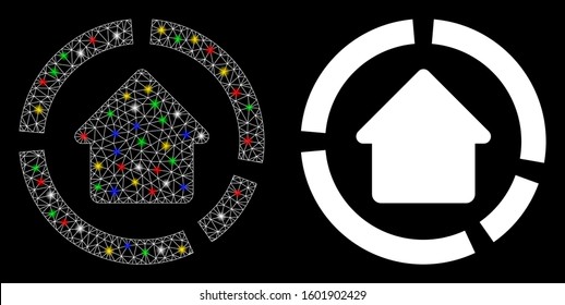 Glowing mesh house diagram icon with glare effect. Abstract illuminated model of house diagram. Shiny wire frame polygonal mesh house diagram icon. Vector abstraction on a black background.