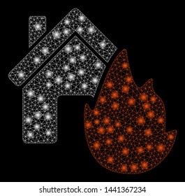 Glowing mesh house fire disaster with glitter effect. Abstract illuminated model of house fire disaster icon. Shiny wire frame triangular mesh house fire disaster.