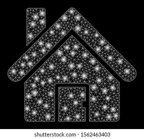 Glowing mesh house with glare effect. Abstract illuminated model of house icon. Shiny wire frame triangular mesh house. Vector abstraction on a black background.