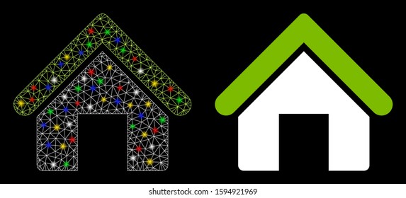 Glowing mesh house icon with glow effect. Abstract illuminated model of house. Shiny wire frame polygonal mesh house icon. Vector abstraction on a black background.