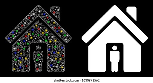 Glowing mesh house owner icon with sparkle effect. Abstract illuminated model of house owner. Shiny wire carcass polygonal mesh house owner icon. Vector abstraction on a black background.