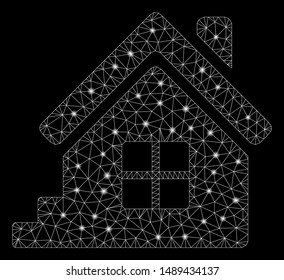 Glowing mesh house porch with glitter effect. Abstract illuminated model of house porch icon. Shiny wire frame triangular mesh house porch. Vector abstraction on a black background.