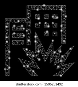 Glowing mesh house terror with sparkle effect. Abstract illuminated model of house terror icon. Shiny wire frame polygonal mesh house terror. Vector abstraction on a black background.