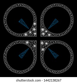 Glowing mesh hover drone with glare effect. Abstract illuminated model of hover drone icon. Shiny wire carcass triangular mesh hover drone. Vector abstraction on a black background.