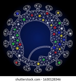 Glowing mesh human flu virus with sparkle effect. Abstract illuminated model of human flu virus. Shiny wire carcass triangular mesh human flu virus icon.
