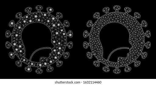 Glowing mesh human flu virus with glitter effect. Abstract illuminated model of human flu virus icon. Shiny wire frame triangular mesh human flu virus icon. Vector abstraction on a black background.
