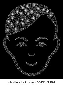 Glowing mesh human head with glare effect. Abstract illuminated model of human head icon. Shiny wire frame polygonal mesh human head. Vector abstraction on a black background.