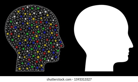 Glowing mesh human head icon with lightspot effect. Abstract illuminated model of human head. Shiny wire frame polygonal mesh human head icon. Vector abstraction on a black background.