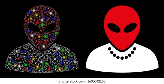 Glowing mesh humanoid icon with sparkle effect. Abstract illuminated model of humanoid. Shiny wire frame polygonal mesh humanoid icon. Vector abstraction on a black background.