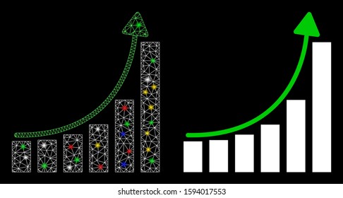 Glowing mesh hyip bar chart icon with glare effect. Abstract illuminated model of hyip bar chart. Shiny wire carcass triangular network hyip bar chart icon. Vector abstraction on a black background.