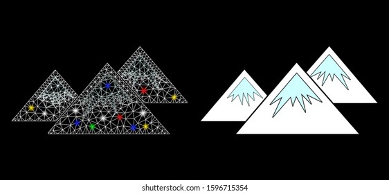 Glowing mesh icecap mountains icon with glitter effect. Abstract illuminated model of icecap mountains. Shiny wire carcass polygonal mesh icecap mountains icon.