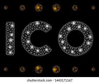 Glowing mesh ICO caption with glow effect. Abstract illuminated model of ICO caption icon. Shiny wire carcass polygonal network ICO caption. Vector abstraction on a black background.