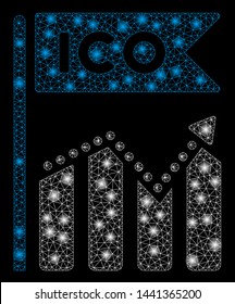 Glowing mesh ICO chart with glare effect. Abstract illuminated model of ICO chart icon. Shiny wire frame triangular network ICO chart. Vector abstraction on a black background.
