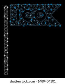 Glowing mesh ICO flag with glare effect. Abstract illuminated model of ICO flag icon. Shiny wire carcass triangular mesh ICO flag. Vector abstraction on a black background.