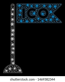 Glowing mesh ICO flag marker with lightspot effect. Abstract illuminated model of ICO flag marker icon. Shiny wire carcass triangular mesh ICO flag marker. Vector abstraction on a black background.