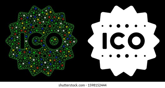 Glowing mesh ICO token icon with lightspot effect. Abstract illuminated model of ICO token. Shiny wire carcass polygonal mesh ICO token icon. Vector abstraction on a black background.