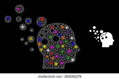 Glowing mesh imagination glare icon with lightspots. Illuminated vector model is created from imagination icon. Sparkle carcass mesh imagination on a black background.