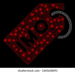 Glowing mesh IMO tag with glitter effect. Abstract illuminated model of IMO tag icon. Shiny wire carcass polygonal mesh IMO tag. Vector abstraction on a black background.