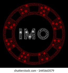 Glowing mesh IMO token with glitter effect. Abstract illuminated model of IMO token icon. Shiny wire frame polygonal mesh IMO token. Vector abstraction on a black background.