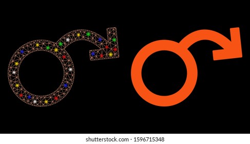 Glowing mesh impotence icon with sparkle effect. Abstract illuminated model of impotence. Shiny wire carcass polygonal mesh impotence icon. Vector abstraction on a black background.