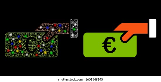 Glowing mesh income icon with glow effect. Abstract illuminated model of income. Shiny wire frame polygonal mesh income icon. Vector abstraction on a black background.