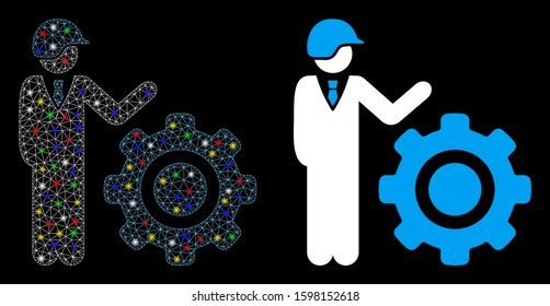Glowing mesh industrial gear engineer icon with glow effect. Abstract illuminated model of industrial gear engineer. Shiny wire carcass triangular mesh industrial gear engineer icon.