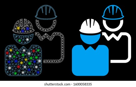 Glowing mesh industrial users icon with glare effect. Abstract illuminated model of industrial users. Shiny wire carcass triangular mesh industrial users icon.