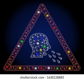 Glowing mesh infected patient warning with glitter effect. Abstract illuminated model of infected patient warning. Shiny wire frame polygonal network infected patient warning icon.