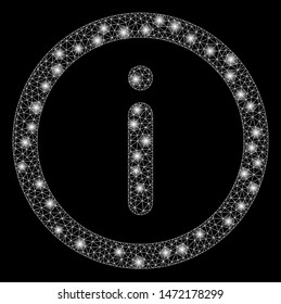 Glowing mesh info with sparkle effect. Abstract illuminated model of info icon. Shiny wire frame polygonal network info. Vector abstraction on a black background.