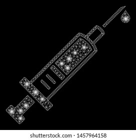 Glowing mesh injection with glare effect. Abstract illuminated model of injection icon. Shiny wire frame polygonal mesh injection. Vector abstraction on a black background.