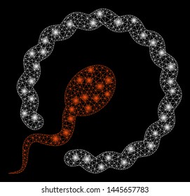 Glowing mesh insemination with glitter effect. Abstract illuminated model of insemination icon. Shiny wire frame triangular network insemination. Vector abstraction on a black background.