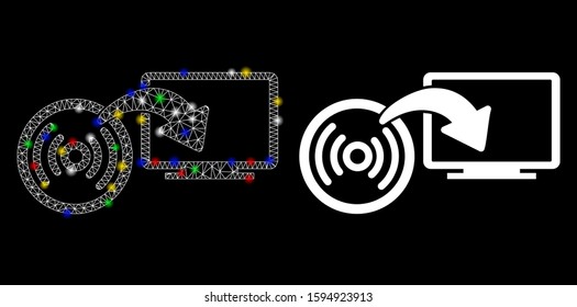 Glowing mesh install disc to PC icon with glow effect. Abstract illuminated model of install disc to PC. Shiny wire frame triangular mesh install disc to PC icon.