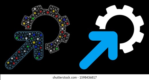 Glowing mesh integration cog icon with glow effect. Abstract illuminated model of integration cog. Shiny wire carcass polygonal network integration cog icon. Vector abstraction on a black background.