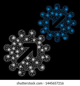 Glowing mesh integration gears with glow effect. Abstract illuminated model of integration gears icon. Shiny wire carcass triangular mesh integration gears. Vector abstraction on a black background.