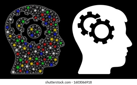 Glowing mesh intellect gears icon with glitter effect. Abstract illuminated model of intellect gears. Shiny wire carcass triangular mesh intellect gears icon. Vector abstraction on a black background.