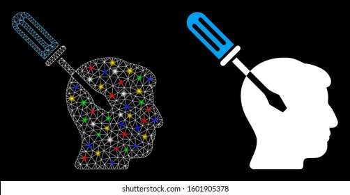 Glowing mesh intellect screwdriver tuning icon with glitter effect. Abstract illuminated model of intellect screwdriver tuning. Shiny wire frame polygonal network intellect screwdriver tuning icon.