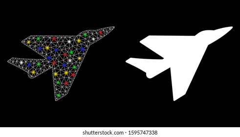 Glowing mesh intercepter icon with glare effect. Abstract illuminated model of intercepter. Shiny wire carcass triangular mesh intercepter icon. Vector abstraction on a black background.
