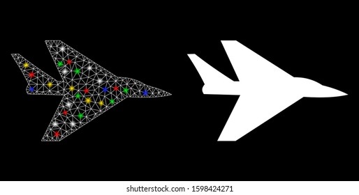 Glowing mesh intercepter plane icon with glow effect. Abstract illuminated model of intercepter plane. Shiny wire frame polygonal mesh intercepter plane icon. Vector abstraction on a black background.